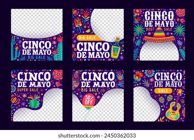 Cinco de mayo social media post templates. Mexican holiday vector square frames, capture the festive spirit, cultural pride and joy of Mexico with colorful alebrije style sombrero, guitar and flowers