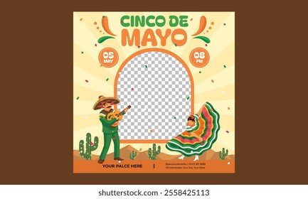 Cinco De Mayo Socials Media. Mexican Fiesta, Mexican Menu restaurant, Cinco de Mayo invitation. Mexico 5 May holiday festival or party event poster with sombrero, tequila, avocado and papel picado fla