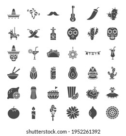 Cinco de Mayo Solid Web Icons. Vector Set of Mexican Glyphs.