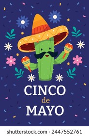 Cinco De Mayo sombrero, chili pepper, cactus and maracas festive design. For celebration of the Mexican holiday on May 5