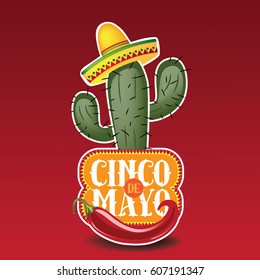 Cinco De Mayo sombrero, chili pepper, cactus and maracas festive design. For celebration of the Mexican holiday on May 5. EPS 10 vector.