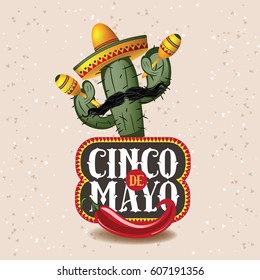 Cinco De Mayo en el sombrero, pimiento picante, cactus y maracas. Por la celebración de la fiesta mexicana el 5 de mayo. Vector EPS 10.