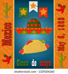Cinco de mayo, sombrero and eating a hot dog, vector layout to design greeting cards, background, stickers, for registration of the Mexican holiday in style flat