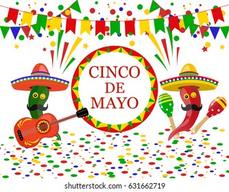Cinco de Mayo. Sombrero, guitar, confetti, flags, maracas green and red peppers. Vector illustration