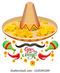Cinco de mayo sombrero hat, red pepper and mustache symbol of mexican holiday. Set vector cartoon illustration isolated on white
