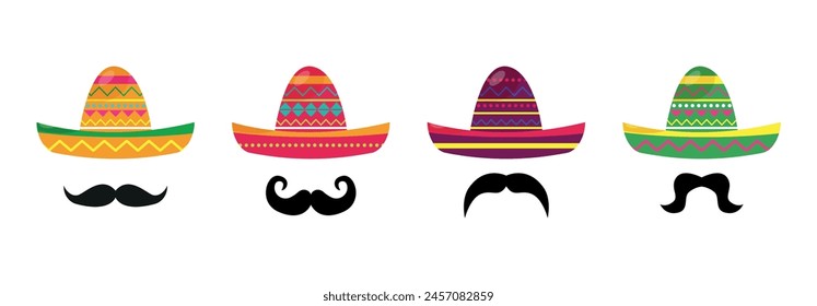 Cinco de Mayo sombrero hats and mustache set. Vector Graphics