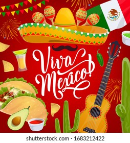 Cinco de Mayo sombrero and maracas, Mexico holiday fiesta vector design. Mexican hat, chili peppers, flag and cactuses, mariachi guitar and mustache, tacos, margarita and nachos, bunting, fireworks