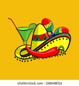 Cinco De Mayo, sombrero, maracas, jalapeno,margarita on a white background