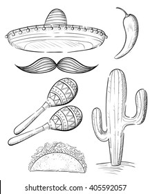 cinco de mayo Sombrero, maracas and jalapeno mexico set