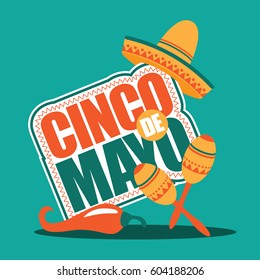 Cinco de Mayo sombrero, maracas and chili pepper icon. Flat design. For celebration of the May 5 Mexican holiday. EPS 10 vector.