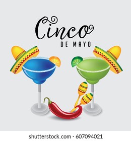 Cinco De Mayo sombrero, margarita, chili pepper and maracas  festive design. For celebration of the Mexican holiday on May 5. EPS 10 vector.