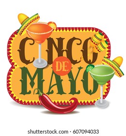 Cinco De Mayo sombrero, margarita, chili pepper and maracas  festive design. For celebration of the Mexican holiday on May 5. EPS 10 vector.