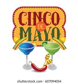 Cinco De Mayo sombrero, margarita, chili pepper and maracas  festive design. For celebration of the Mexican holiday on May 5. EPS 10 vector.