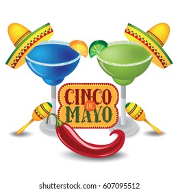 Cinco De Mayo sombrero, margarita, chili pepper and maracas  festive design. For celebration of the Mexican holiday on May 5. EPS 10 vector.