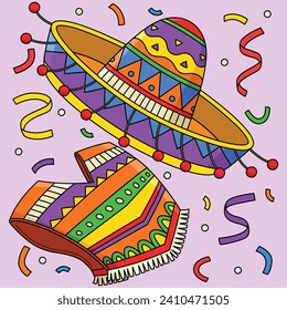 Cinco de Mayo Sombrero and Poncho Colored Cartoon