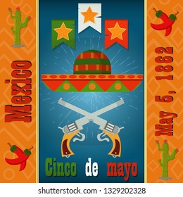 Cinco de mayo, sombrero and two crossed colt, vector layout for postcard design, background, stickers, for Mexican holiday decoration in flat style