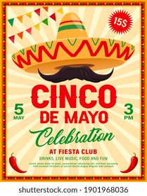 Cinco De Mayo Sombrero Vector Flyer Of Mexican Fiesta Party. Mariachi Musician Sombrero Hat And Mustache With Red Chilli Peppers Or Jalapeno In Frame Of Ethnic Ornaments And Festive Flags Garland