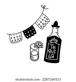 Cinco de mayo sticker in doodle style. Bottle of tequila with glass and Papel Picado, isolated black over white vector illustration design.