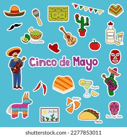 Cinco de Mayo sticker set, festive graphics ideal for Mexican themed parties, vector illustration