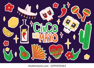 Cinco de Mayo sticker set, May 5, federal holiday in Mexico. Fiesta banner,  decorations