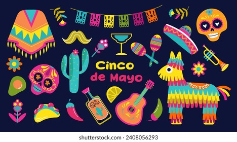 Cinco de Mayo sticker set, May 5, federal holiday in Mexico. Set isolated elements of design flyers, banners and social media posts . Mexican heritage and culture. Vector illustration.