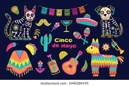 Cinco de Mayo sticker set, May 5, federal holiday in Mexico. Decorated skulls, flowers, skeleton, cactus, sambrero, tequila, guitar. Vector illustration background. 