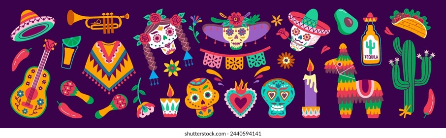 Cinco de Mayo sticker set, May 5, federal holiday in Mexico. Fiesta banner and poster design with flags, decoration.