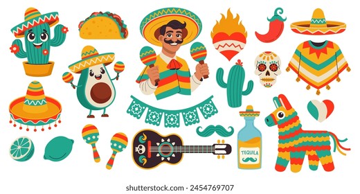 Cinco de Mayo sticker set, May 5, federal holiday in Mexico. Fiesta banner and poster design with flags, decorations