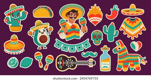 Conjunto de pegatinas Cinco de Mayo, 5 de mayo, feriado federal en México. Fiesta Anuncio y diseño de póster con banderas, decoraciones