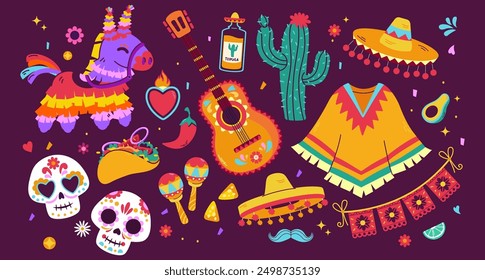 Cinco de Mayo sticker set, May 5, federal holiday in Mexico. Fiesta banner and poster design. Bright festival party decoration, Cinco de Mayo.