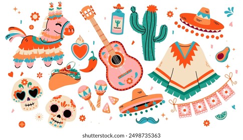 Set de pegatinas del Cinco de Mayo, 5 de mayo, feriado federal en México. Anuncio de Fiesta y diseño de póster. Brillante decoración de fiesta del festival, Cinco de Mayo. Aislado en blanco, estilo plano