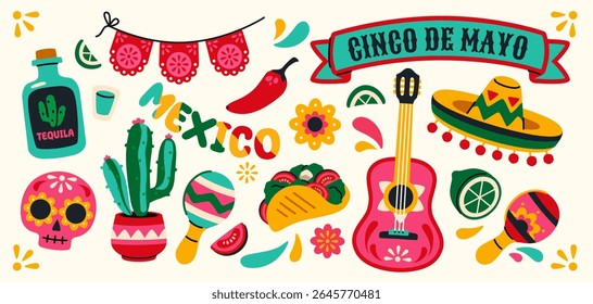 Conjunto de adesivos Cinco de Mayo. Dia de comemoração de feriado morto. Ícones com maracas, crânio, sombrero e tradicional tortilha mexicana. Carnaval no México. Ilustração de vetor plano isolada no plano de fundo