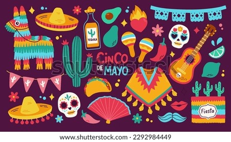 Cinco de Mayo sticker set, May 5, federal holiday in Mexico. Fiesta banner and poster design with flags, decorations