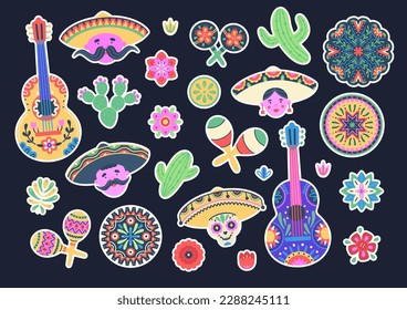 Cinco de Mayo stickers. Colorful Mexican holiday clipart set with white stroke on dark background. Mariachi, guitars, maracas, flowers, cacti, mandalas. Vector illustration