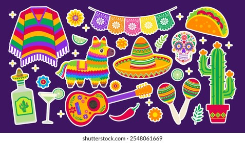 Cinco de Mayo stickers set. Collection of Mexican themed stickers including a sombrero, a guitar, a cactus, and a margarita glass