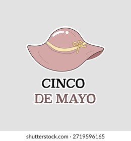 Ilustração do chapéu de sol Cinco de Mayo. Adesivo de vetor festivo com chapéu rosa de borda larga e texto marrom, ideal para cartões de férias mexicanos, convites de festa ou gráficos de celebração cultural