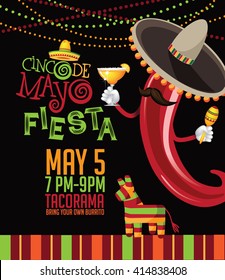 Cinco De Mayo template with hand drawn lettering, margarita, chili pepper, sombrero and pinata. EPS 10 vector.