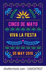 Cinco de Mayo template. Mexican holiday poster. Papel picado banner with floral pattern. Vector greeting card.