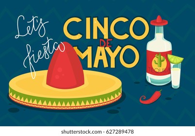 Cinco de mayo. Tequila with chili and mexican hat. Vector illustration.