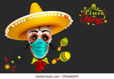 Cinco de Mayo text greeting card. Skull in sombrero and protective mask against covid. Vector cartoon illustration isolated on black