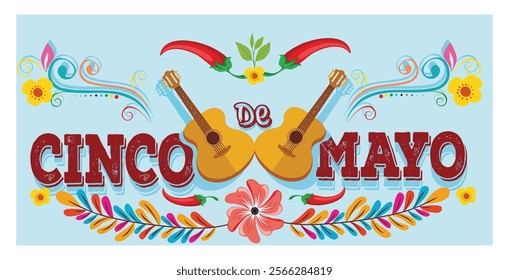 Cinco de Mayo text, guitars, and vibrant decorative elements celebrating Mexican culture and traditions. Perfect for events, advertisements, and themed creative projects. 