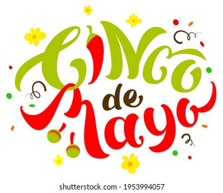 Cinco de Mayo text lettering for greeting card. Vector illustration isolated on white