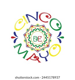 Cinco De Mayo Text with Mexican Mandala Flag Fiesta Pattern.  May 5 Federal Holiday Traditional  Ornate Typography.