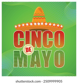 Cinco de Mayo texto com sombrero. Celebração festiva federal no México. Conceito Cinco de Mayo. Ilustração de vetor plano.