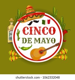 Cinco de Mayo. Traditional Mexican holiday, sombrero, maracas, cactus, tequila. Vector illustration for flyer, postcard or poster. 