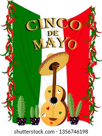 Cinco de Mayo. traditional Mexican holiday. vector illustration with flag and guitar