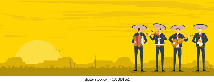 Cinco de Mayo, Traditional Mexico holiday, Mexican musicians playing instruments, Vector