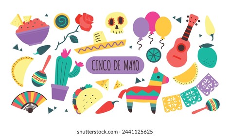 Cinco de mayo traditions Mexican icons vector illustrations set