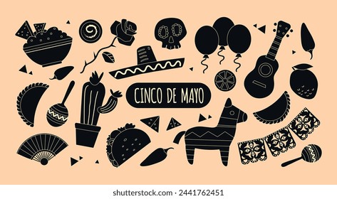 Cinco de mayo traditions Mexican black and white silhouette icons vector illustrations set