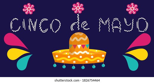 Cinco de Mayo -  Translation : 5th of May, a Federal holiday in Mexico inscription with sombrero isolated on a white background. Vector illustration in flat cartoon style. Hat with bells and bright splashes.